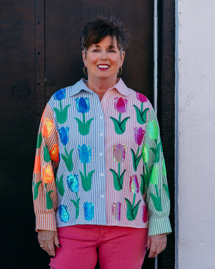 Queen Of Sparkles: Striped Sequin Tulip Button Up Long Sleeve Top in multi (SP26193) - The Vogue Boutique