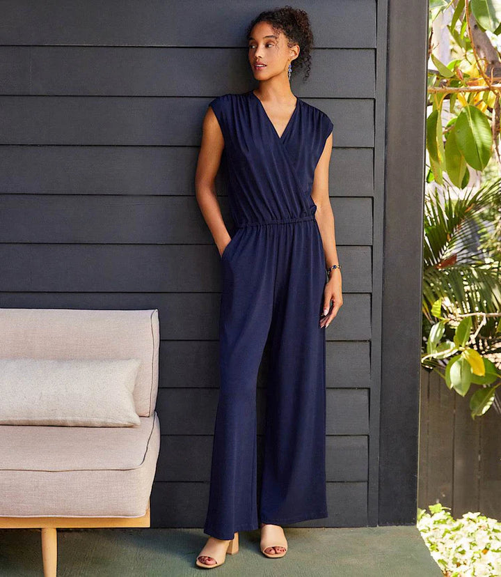 Karen Kane: Sleeveless Travel Jersey Jumpsuit in Navy