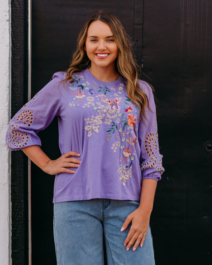 Johnny Was: 3/4 Sleeve Mixed Media Tee in Arva in Paisley Purple (J11026)