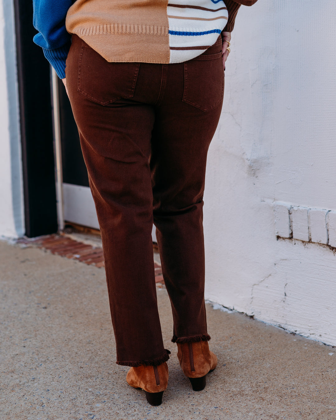 Multiples: (Chocolate Angel) Elastic Waist Fringe Hem Ankle Jean in Rich Chocolate M35714PM