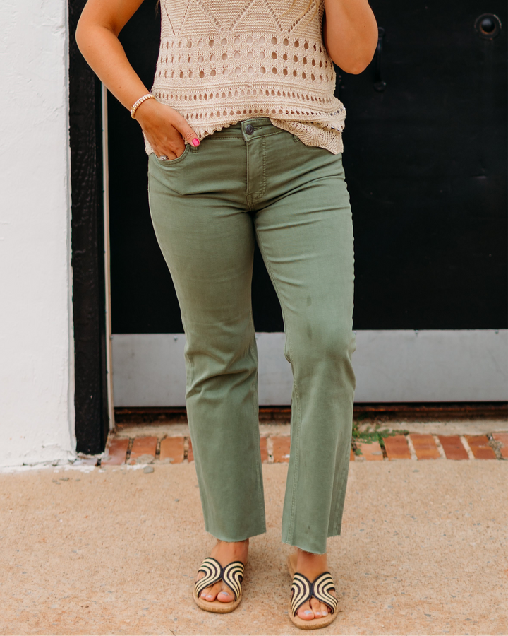 Kut: Kelsey High Rise Fab Ankle Flare in Sage Green