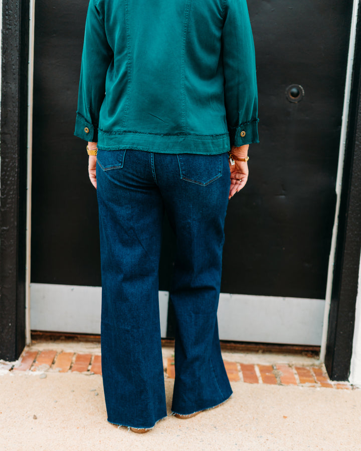 Multiples:  (Sun Stone) Cuffed 3/4 Sleeve Drop Shoulder Jacket in Deep Green (M35612JM)