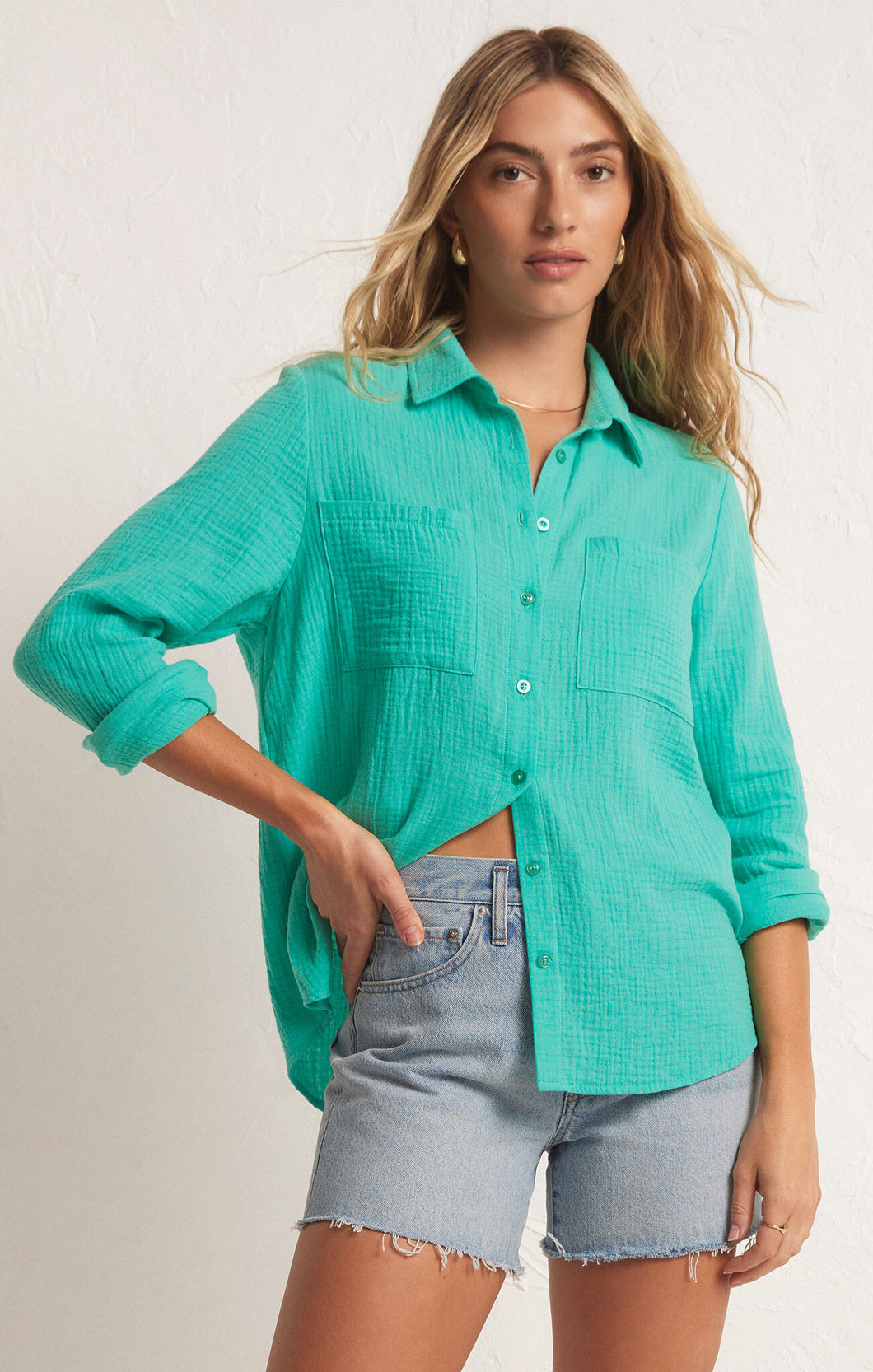 Z Supply: Kaili Button Up Gauze Top in Cabana Green
