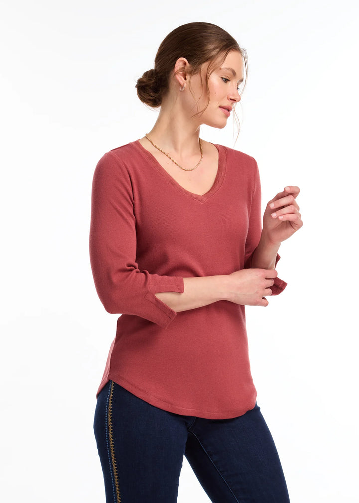 French Dressing Jeans: Rust Red Baby Rib V-Neck 3/4 Sleeve