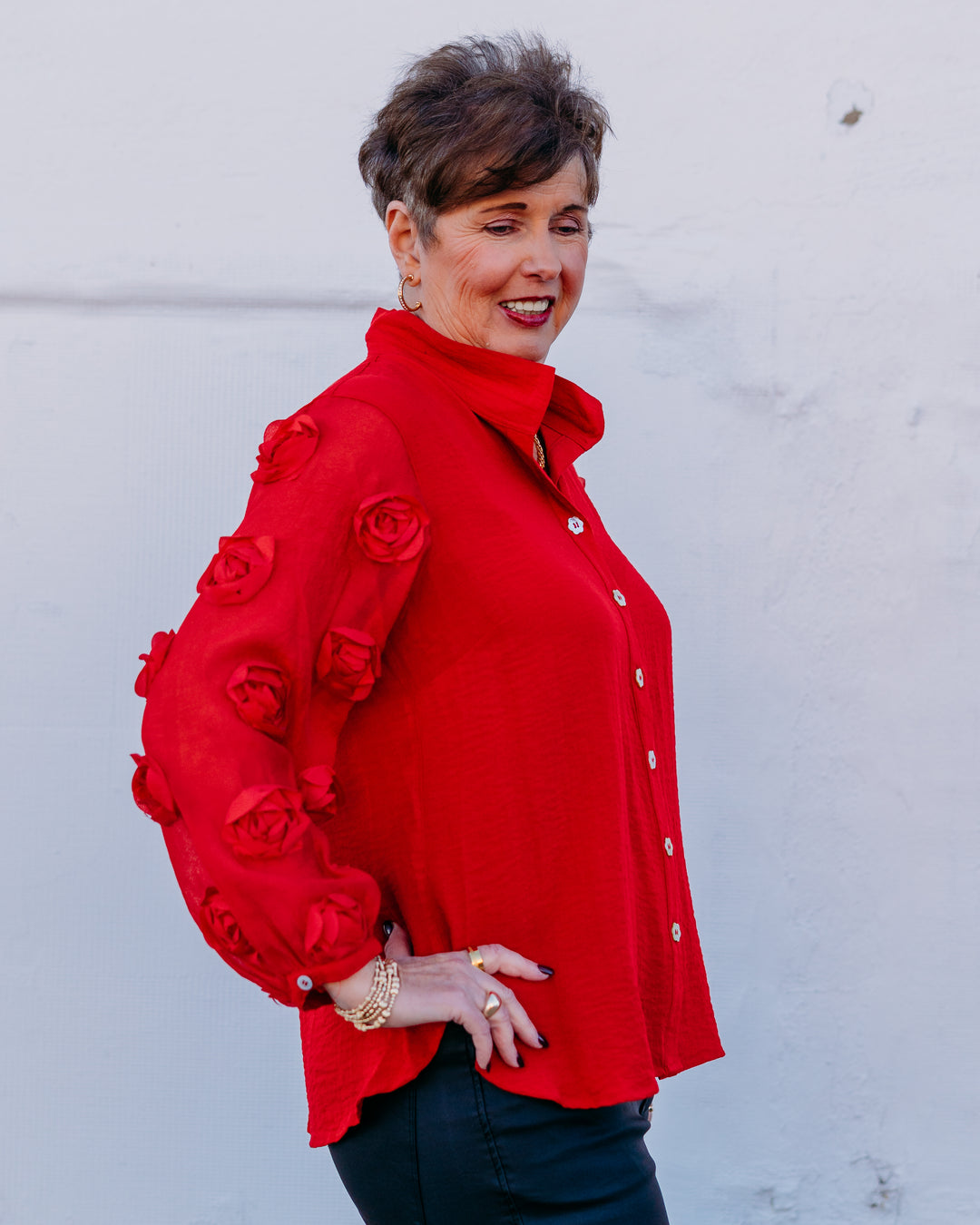 John Mark: Wire Collar Button Front Sheer Rosette in Scarlet J45646BM