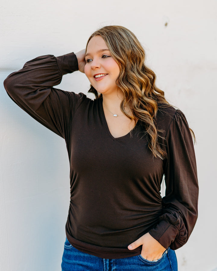 Karen Kane: Shirred V-Neck Top in Brown