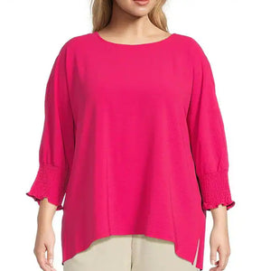 Multiples: Multi-Shirred Short Sleeve Wide Neck Faux Button Back Solid Crinkle Woven Top in Bright Pink M24509TM