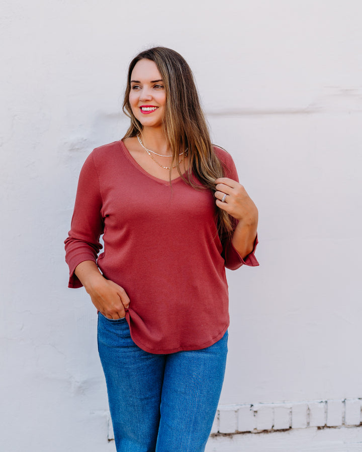 French Dressing Jeans: Rust Red Baby Rib V-Neck 3/4 Sleeve