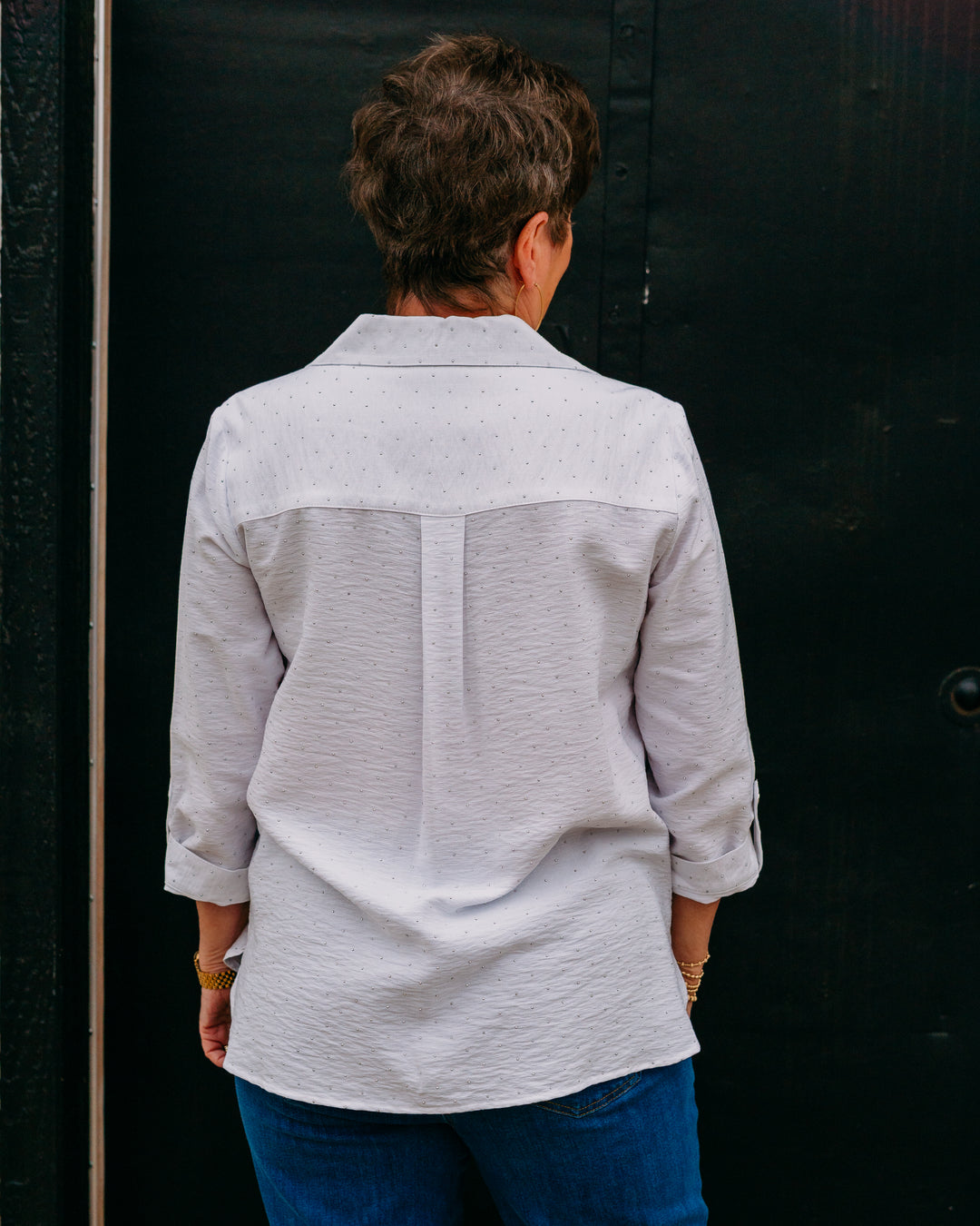 Multiples: Crunch Tab 3/4 Sleeve 2-Pocket Button Front High-Low Shirt in White - The Vogue Boutique
