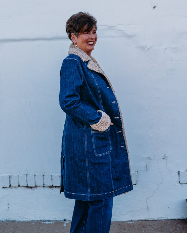 Liverpool: Sherpa Trimmed Notched Collar Jacket 38' in Rinse Wash