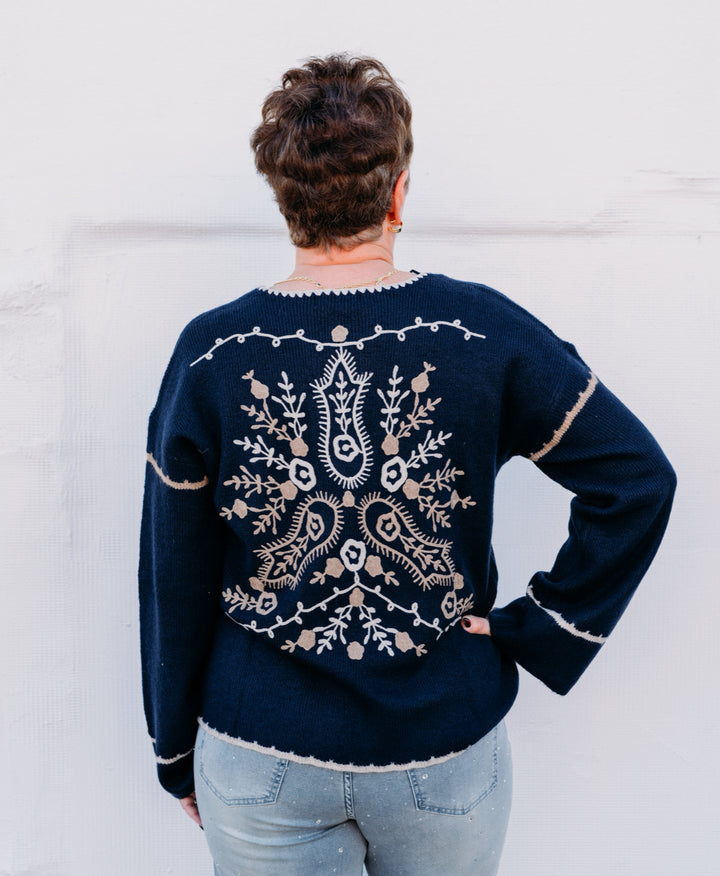 Charlie B: Notched Neck Rib Embroidered Sweater in Navy