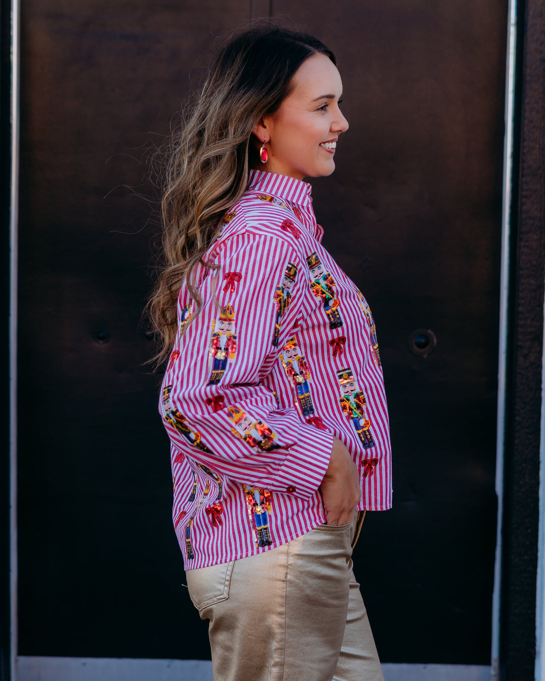 Queen Of Sparkles: Red Stripe Scattered Nutcracker & Bow Cotton Button Up Top
