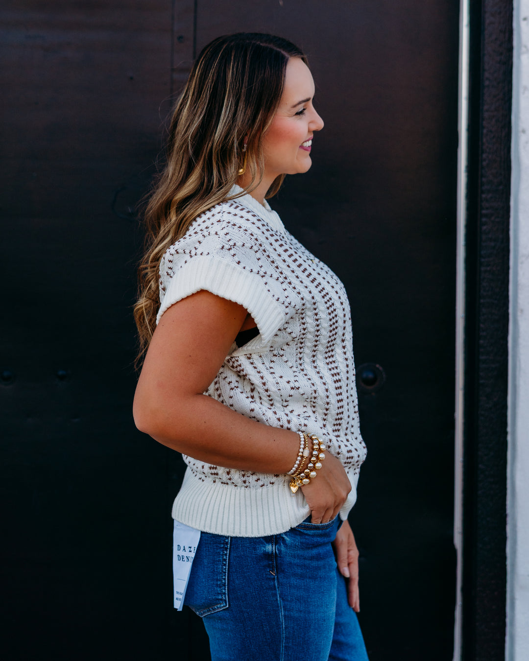 Liverpool: Cap Sleeve Dolman 1/2 Zip Sweater in Cream with Camel