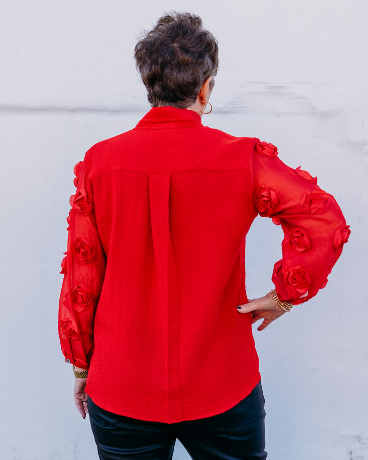 John Mark: Wire Collar Button Front Sheer Rosette in Scarlet J45646BM