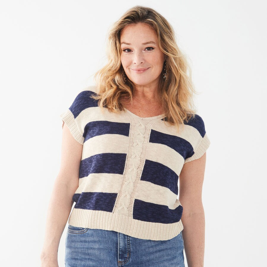 French Dressing Jeans: Combo Short Sleeve Stripe Sweater in Navy