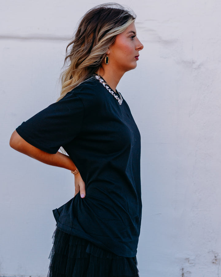 Elan: Black Rhinestone Collar Tee tee11562