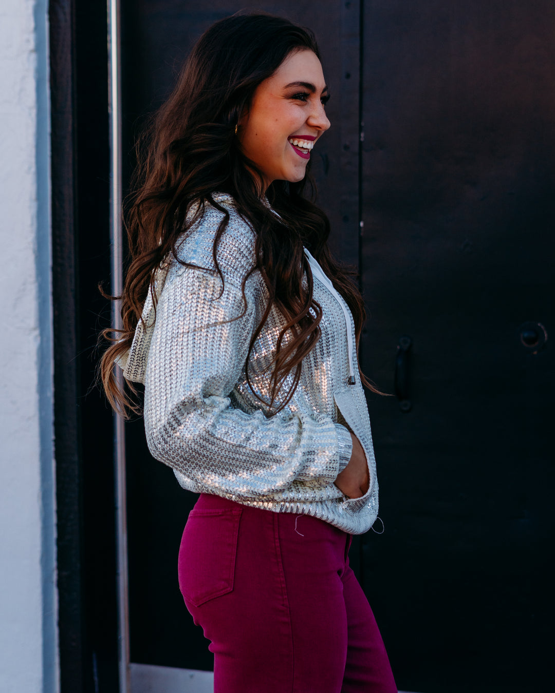 Elan: White Sequin Hoodie swf11354