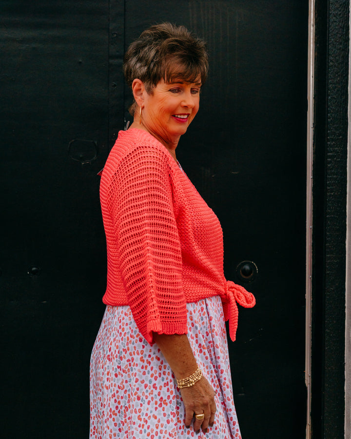 Multiples: 3/4 Sleeve Tie Front Waist Sweater Cardigan in Coral pink (M26105KM) - The Vogue Boutique