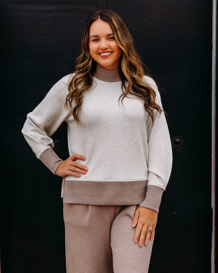 Varley: Loxley Raglan Boyfriend Sweat in Ivory Marl/ Taupe Marl