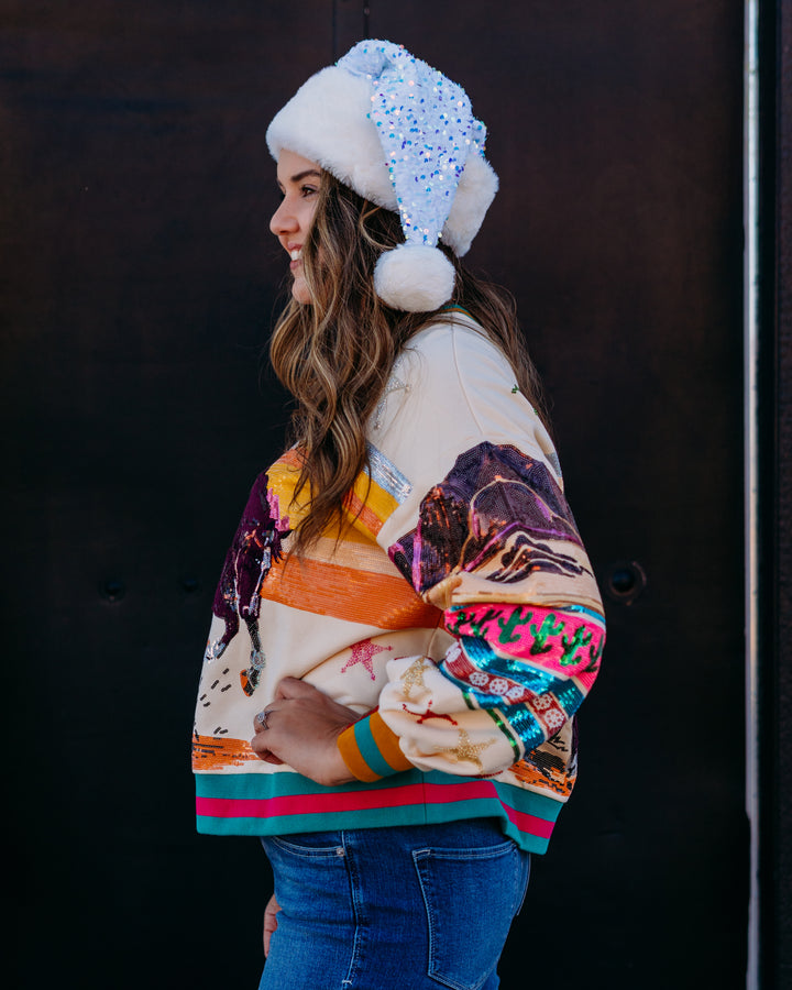 Queen Of Sparkles: Multi Vintage Cowboy Santa Sweatshirt