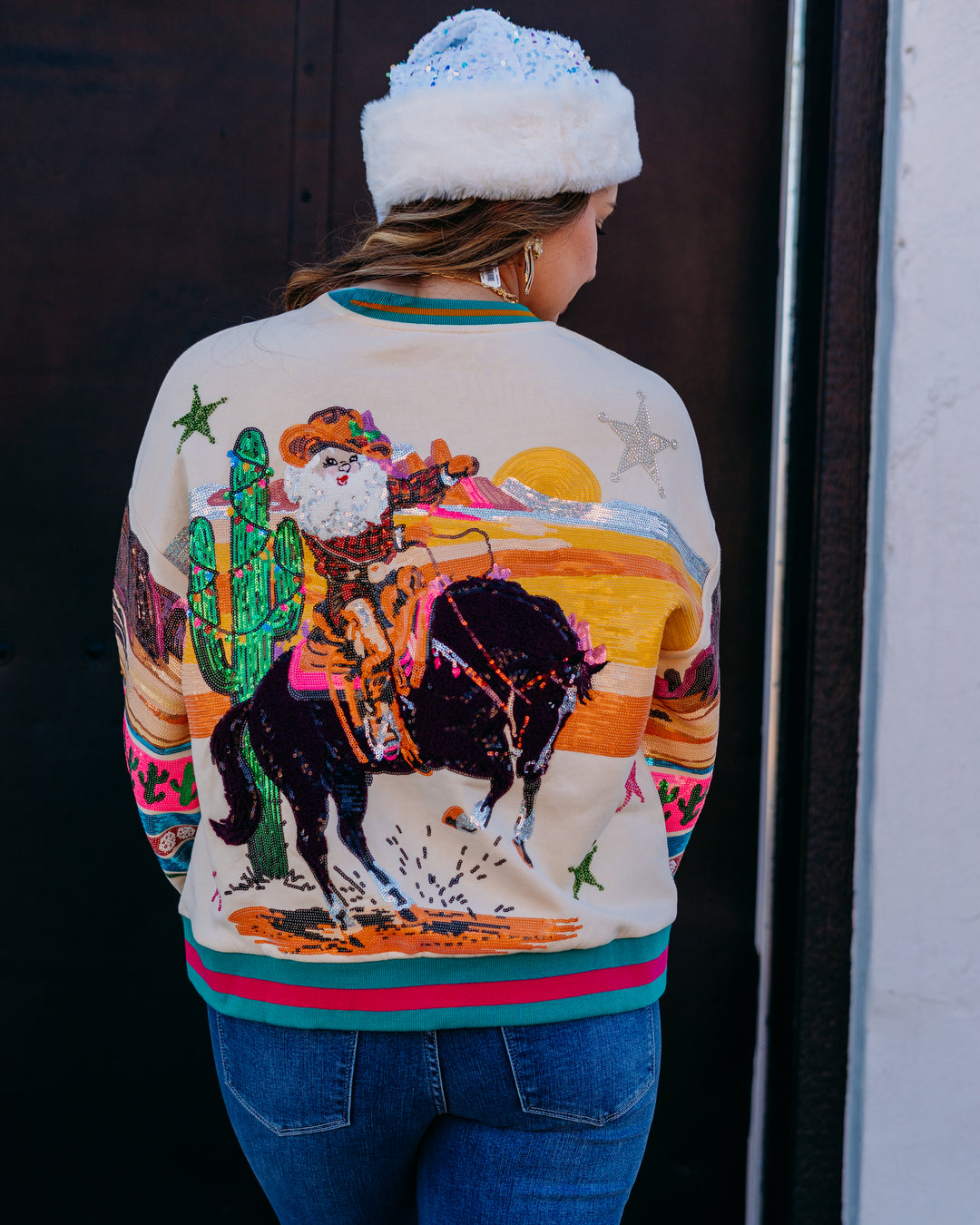 Queen Of Sparkles: Multi Vintage Cowboy Santa Sweatshirt