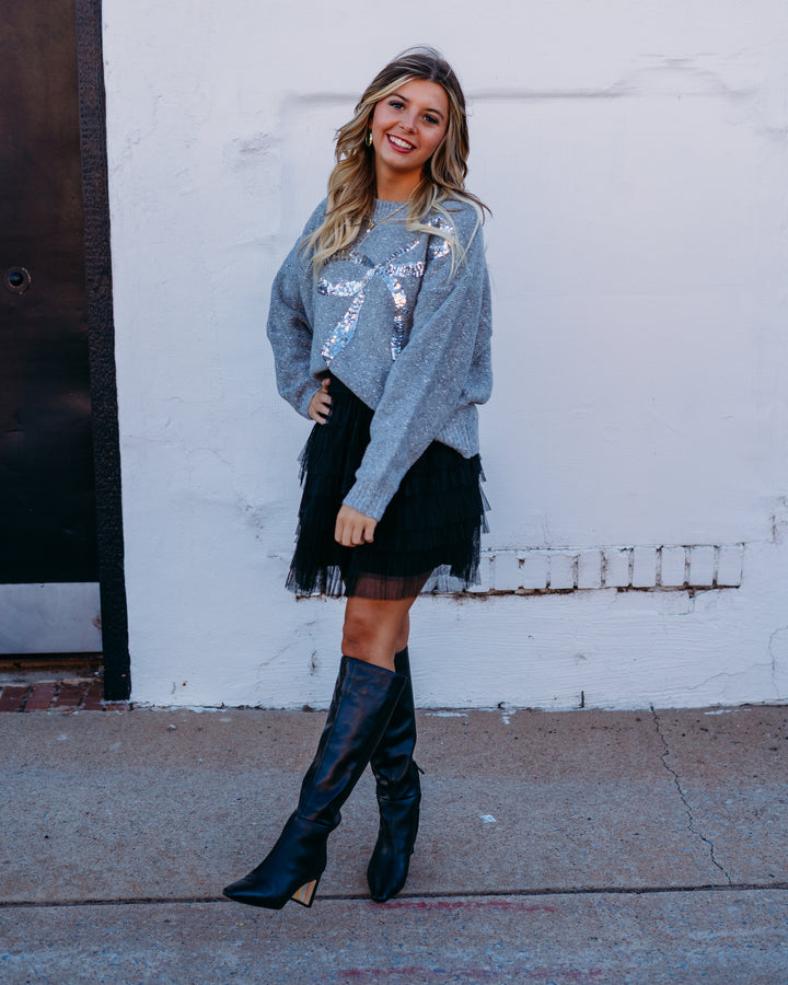 Elan: Grey Sequin Bow Sweater swp11585