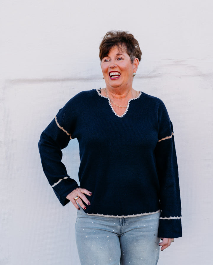 Charlie B: Notched Neck Rib Embroidered Sweater in Navy