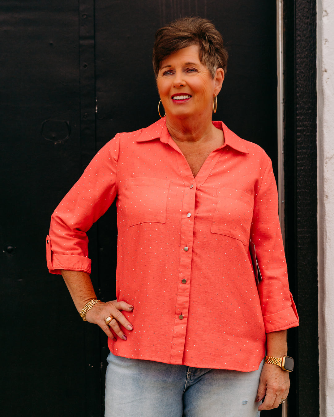 Multiples: Crunch Tab 3/4 Sleeve 2-Pocket Button Front High-Low Shirt in Coral pink (M26611BM) - The Vogue Boutique