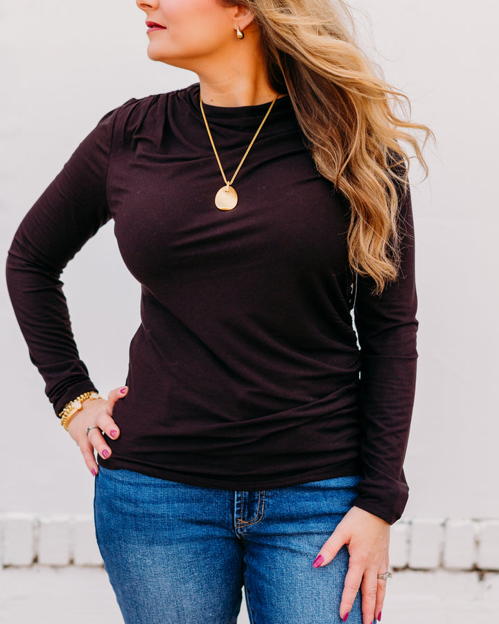 Liverpool: Long Sleeve Mock Neck Knit Top in Java
