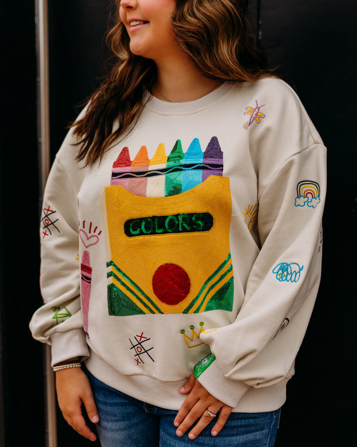 Queen of Sparkles: Crayon and Doodle Sweatshirt in Multicolor