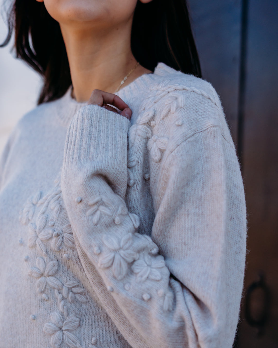 Karen Kane: Hand Embroidered Sweater in Light Oatmeal (4L89207)