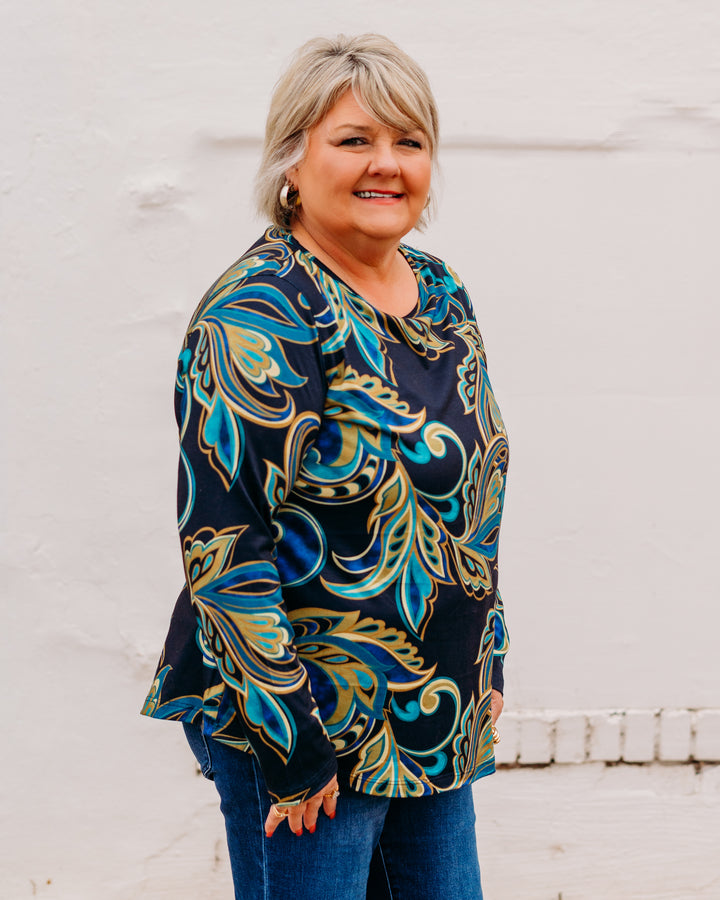 Multiples: Scoop Neck Hem Print Knit Top in Multi (M45412TM)