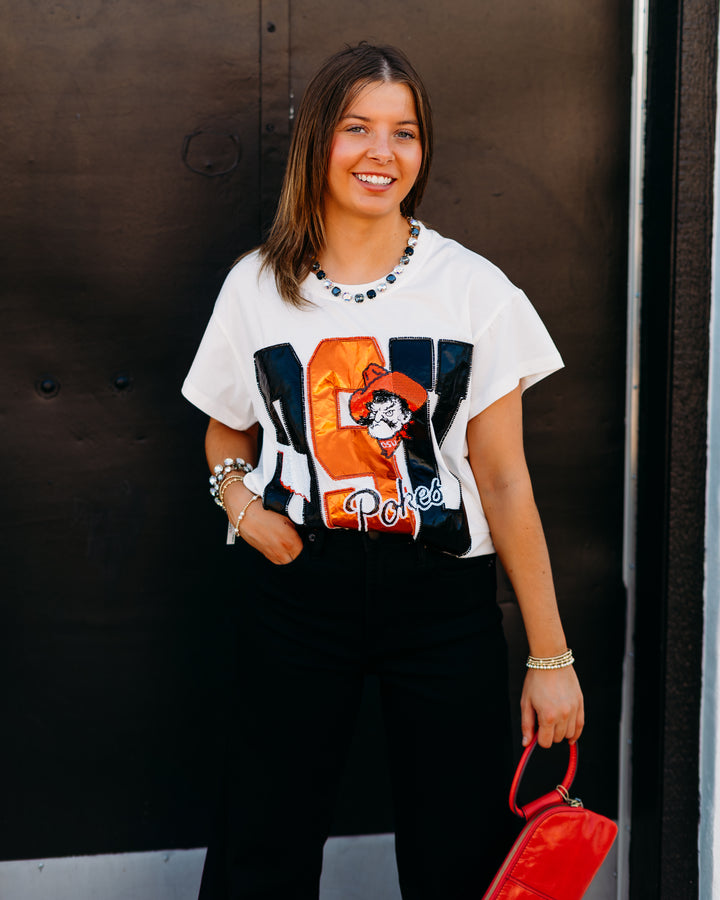 Queen of Sparkles: Licensed OK State Metallic Word with Icons Tee