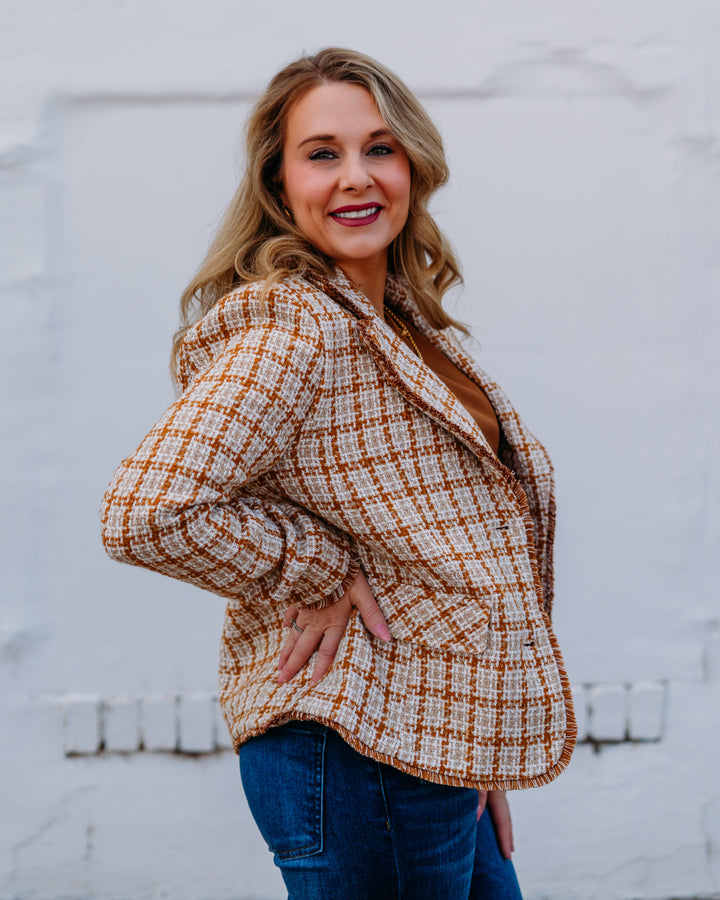 Liverpool: Blazer With Fray Edges in Gold And Khaki Plaid