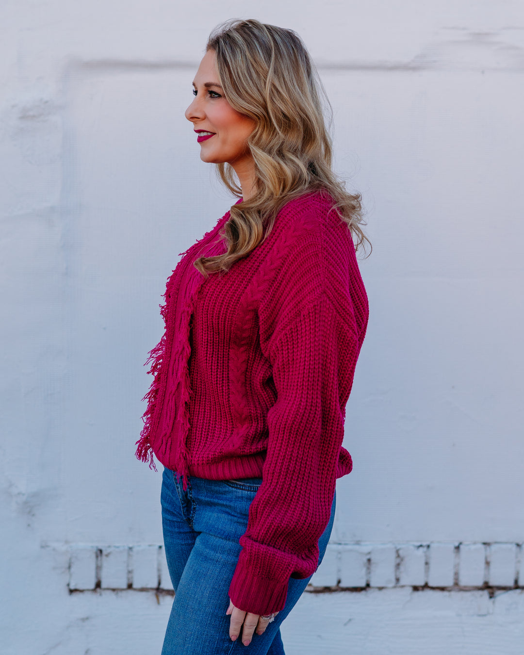 Liverpool: Long Sleeve Mock Neck Sweater with Fringe in Deep Raspberry