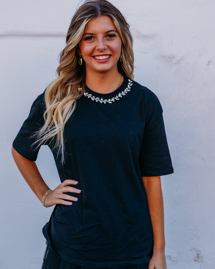 Elan: Black Rhinestone Collar Tee tee11562