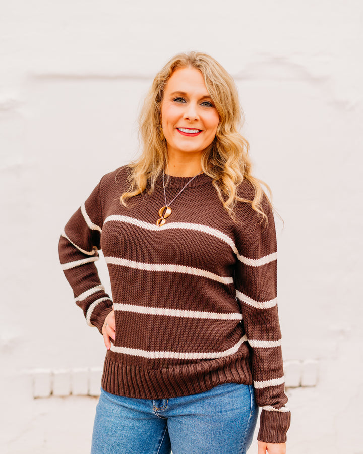 Karen Kane: Stripe Crewneck Sweater in Chocolate 3L89975