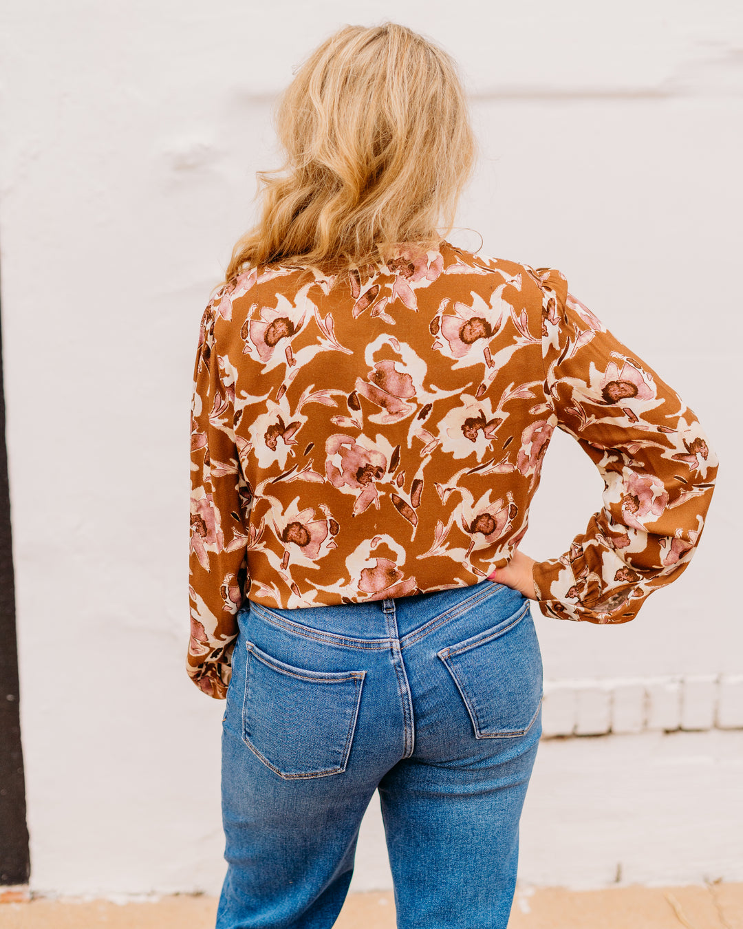 Kut: Isley Long Sleeve Shirt With Neck Ruffles in Mocha and Mauve