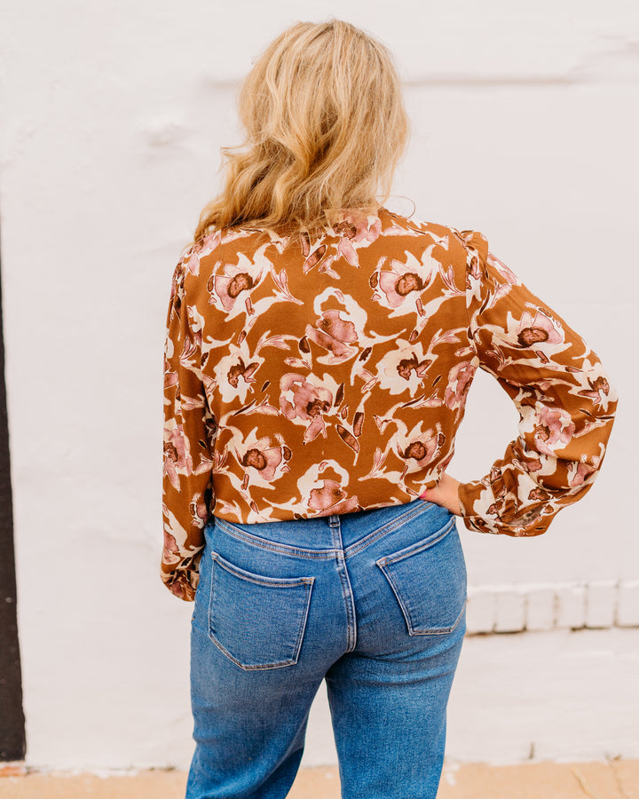 Kut: Isley Long Sleeve Shirt With Neck Ruffles in Mocha and Mauve