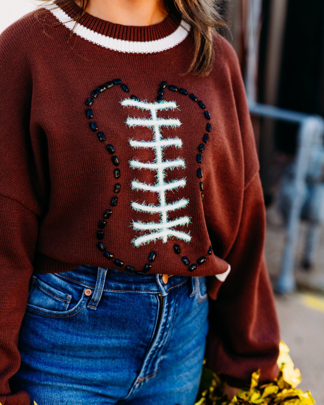 Queen Of Sparkles: Football Sweater in Brown