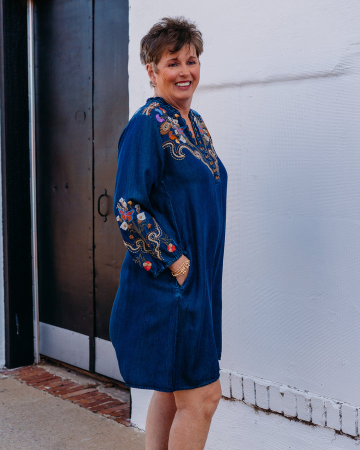 Johnny Was: Durago Ruffle Field Dress in Denim Blue