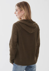 French Dressing Jeans: Hoodie Sweater with Crochet Sleeves in Olive