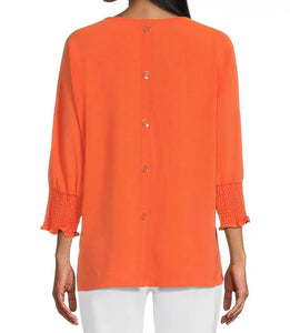 Multiples: Multi-Shirred Short Sleeve Wide Neck Faux Button Back Solid Crinkle Woven Top in Bright Melon M24509TM