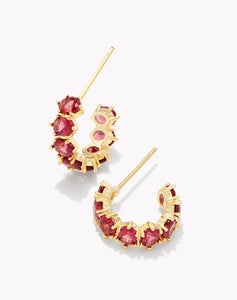 Kendra Scott: Cailin Gold Crystal Huggie Earrings in Red Crystal