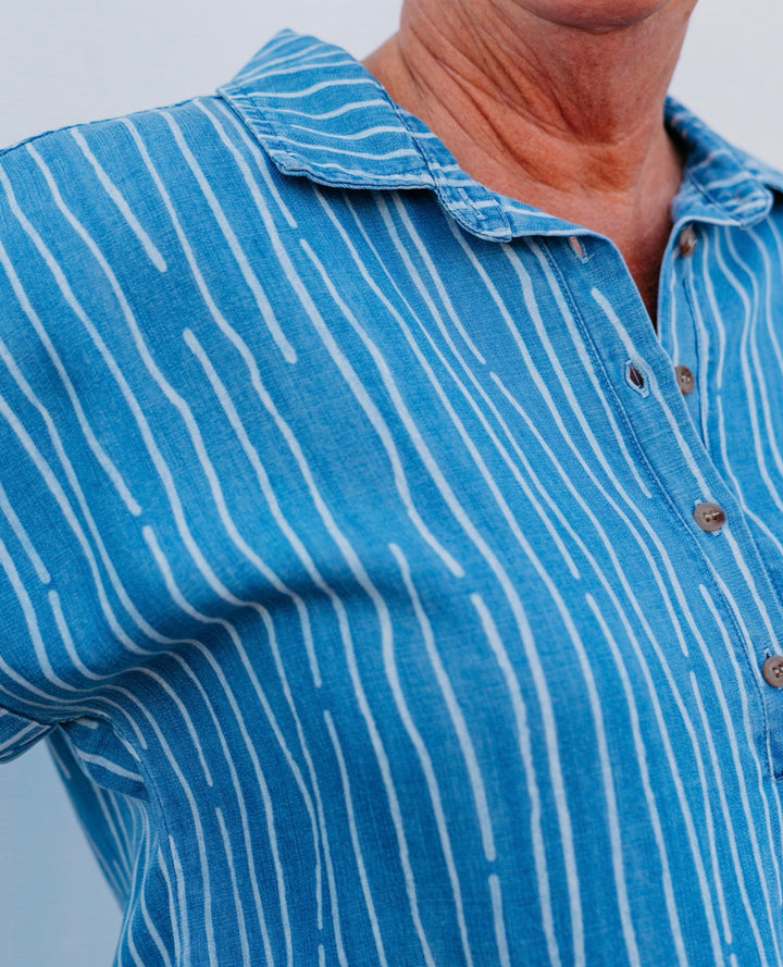 Multiples: (Freedom Rings) Twill & Print Denim Popover Top - Light Indigo Print (M26301TM)