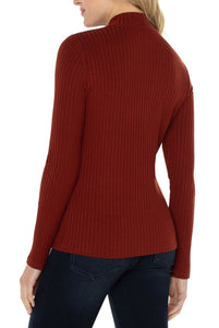 Liverpool: Long Sleeve Mock Neck Rib Knit Top in Deep Cinnamon