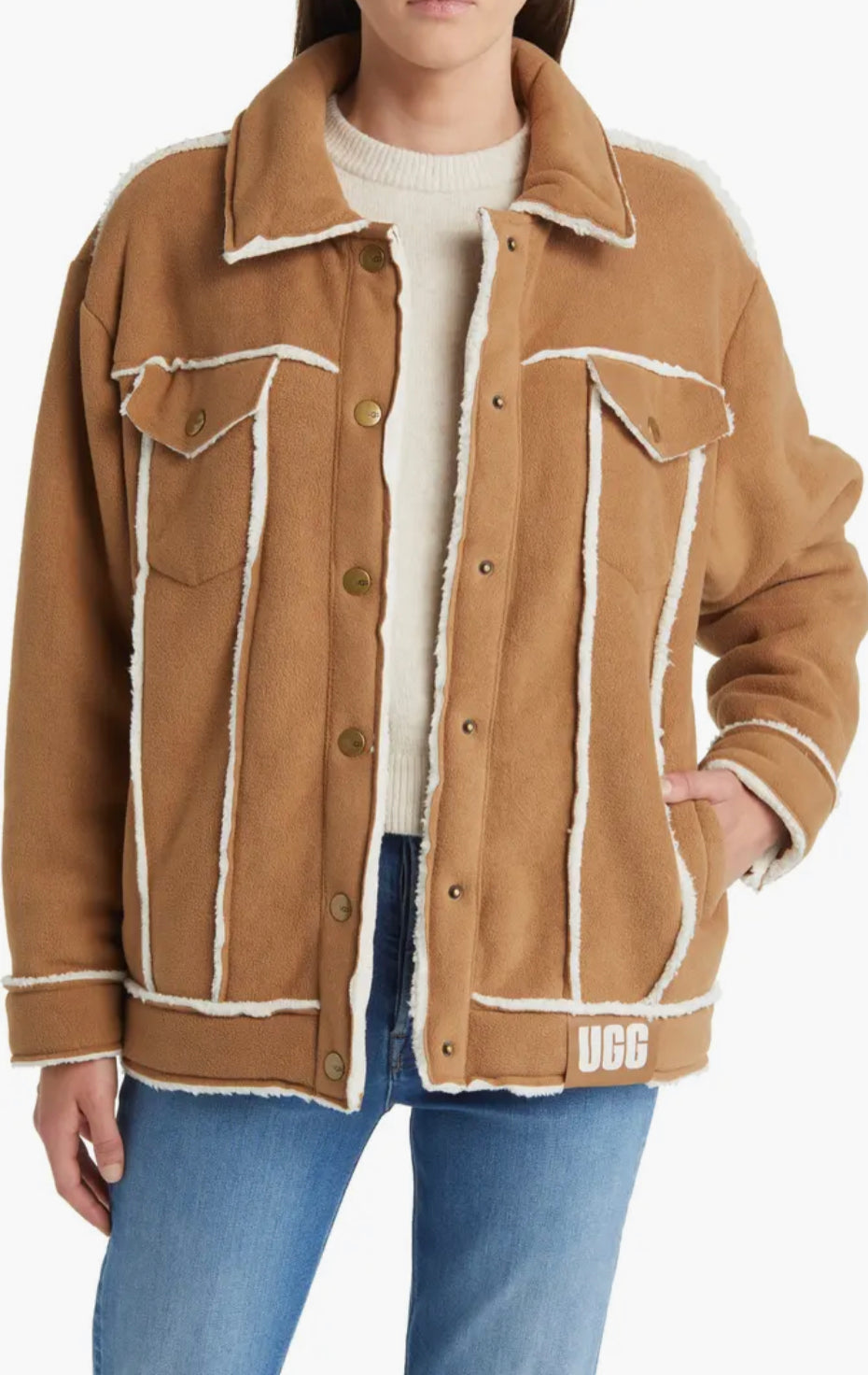 UGG: W Frankie Bonded Fleece Trucker Jacket in Chestnut
