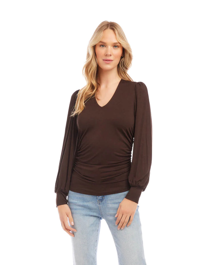Karen Kane: Shirred V-Neck Top in Brown