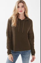 Load image into Gallery viewer, French Dressing Jeans: Hoodie Sweater with Crochet Sleeves in Olive

