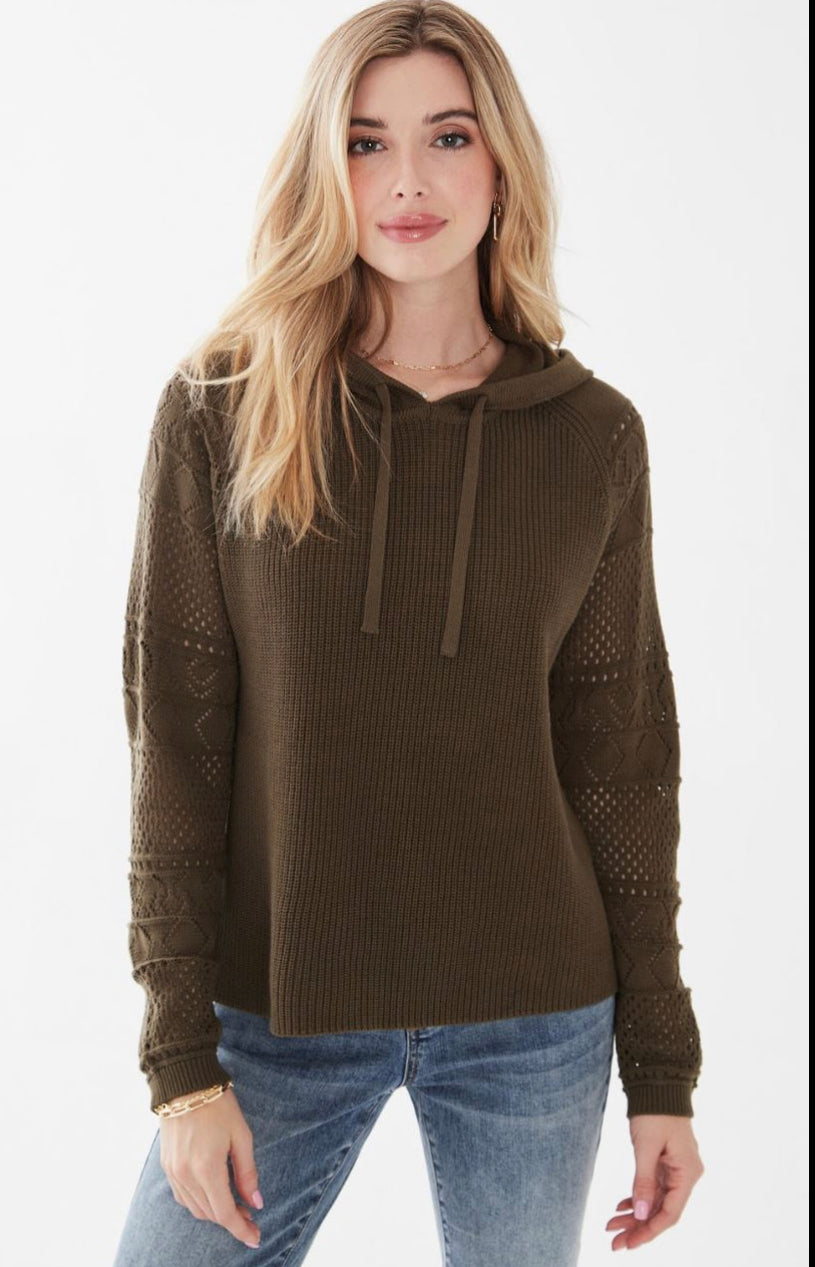 French Dressing Jeans: Hoodie Sweater with Crochet Sleeves in Olive